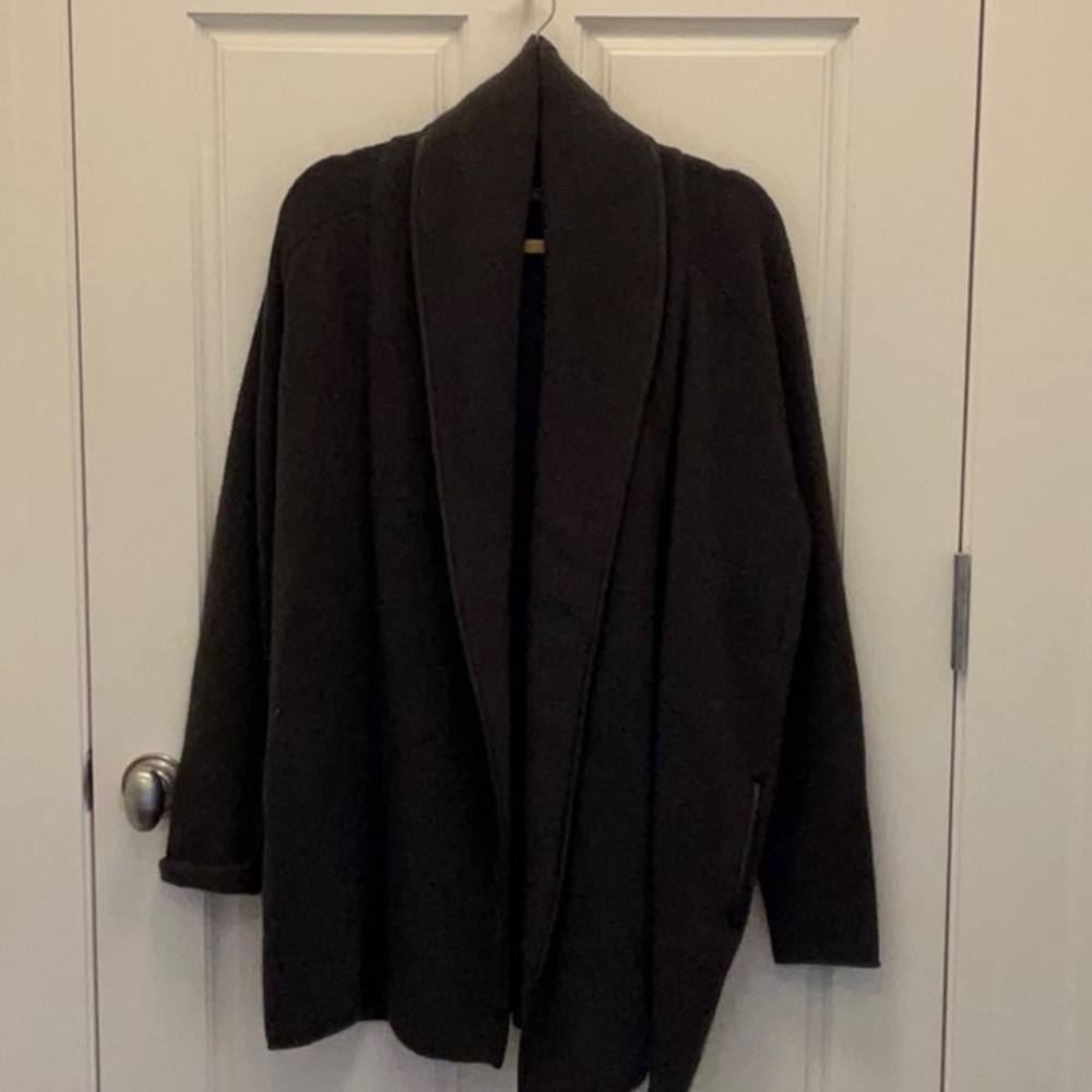 Vince Leather Trimmed Shawl Collar Sweater Coat